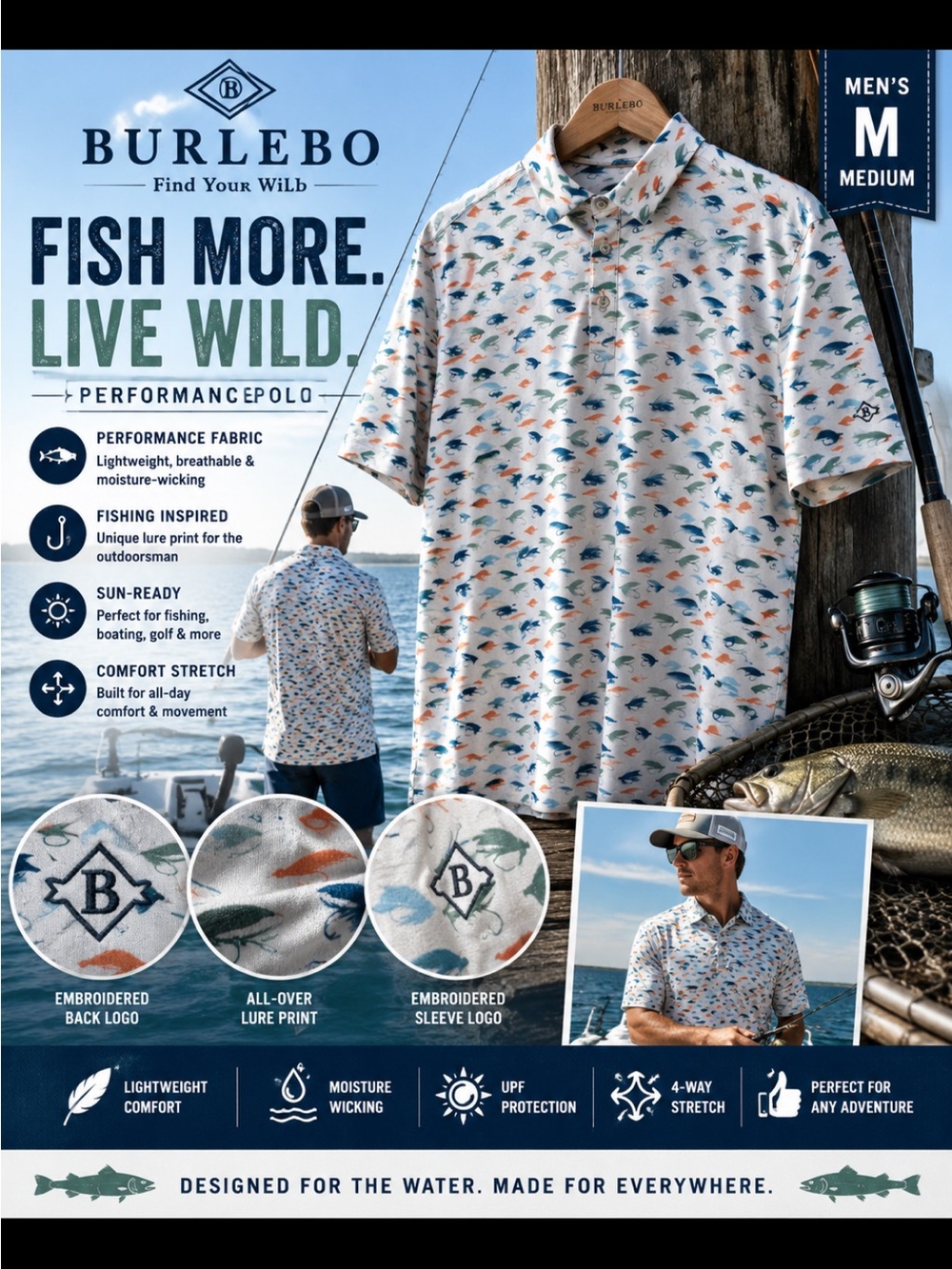 BURLEBO Men’s White Polo with Blue & Orange Fishing Lure Print